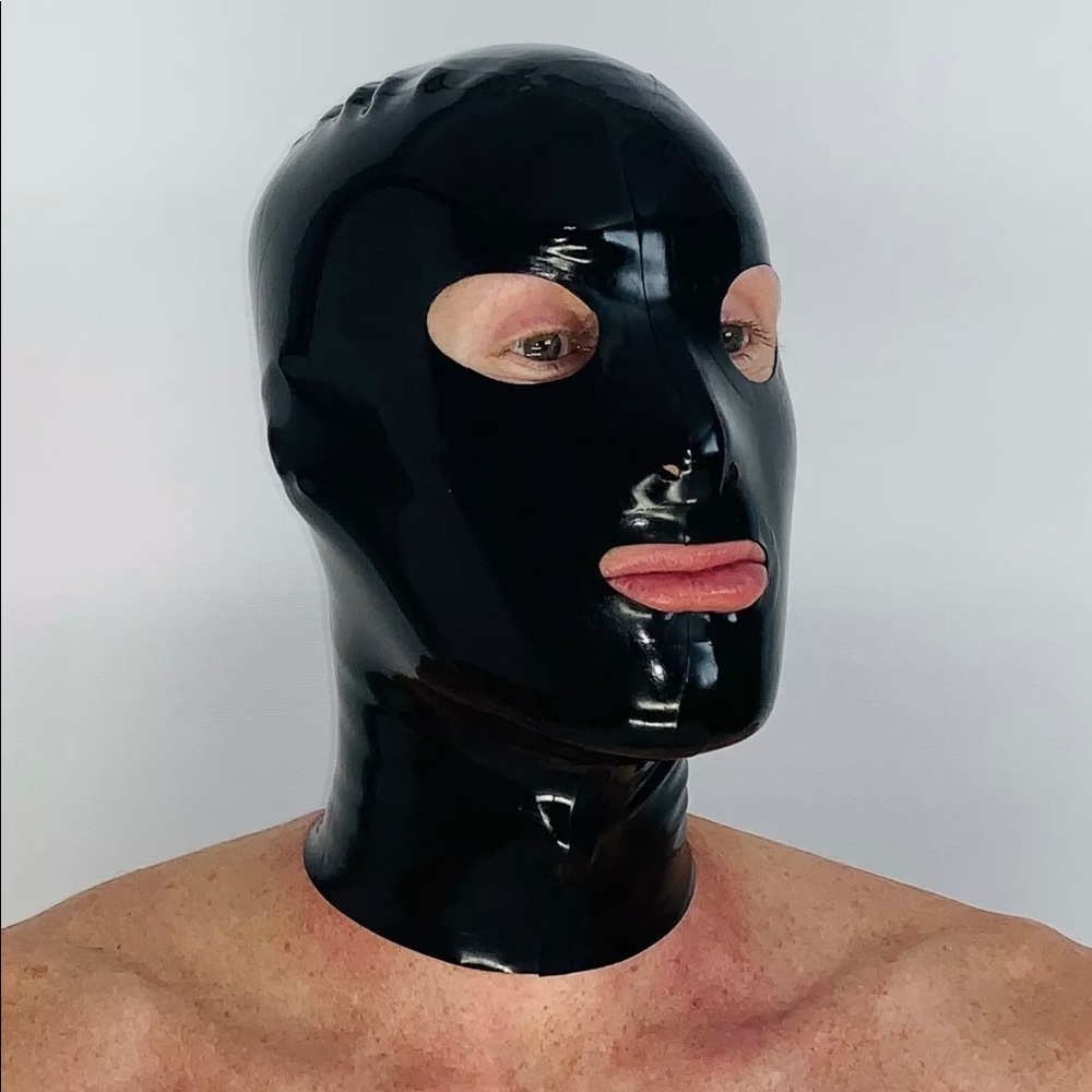 Latex hood with rear zipper open eyes and mouth